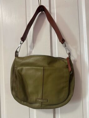 Vera Bradley Olive Leather Hobo Shoulder Bag with Brown Strap
